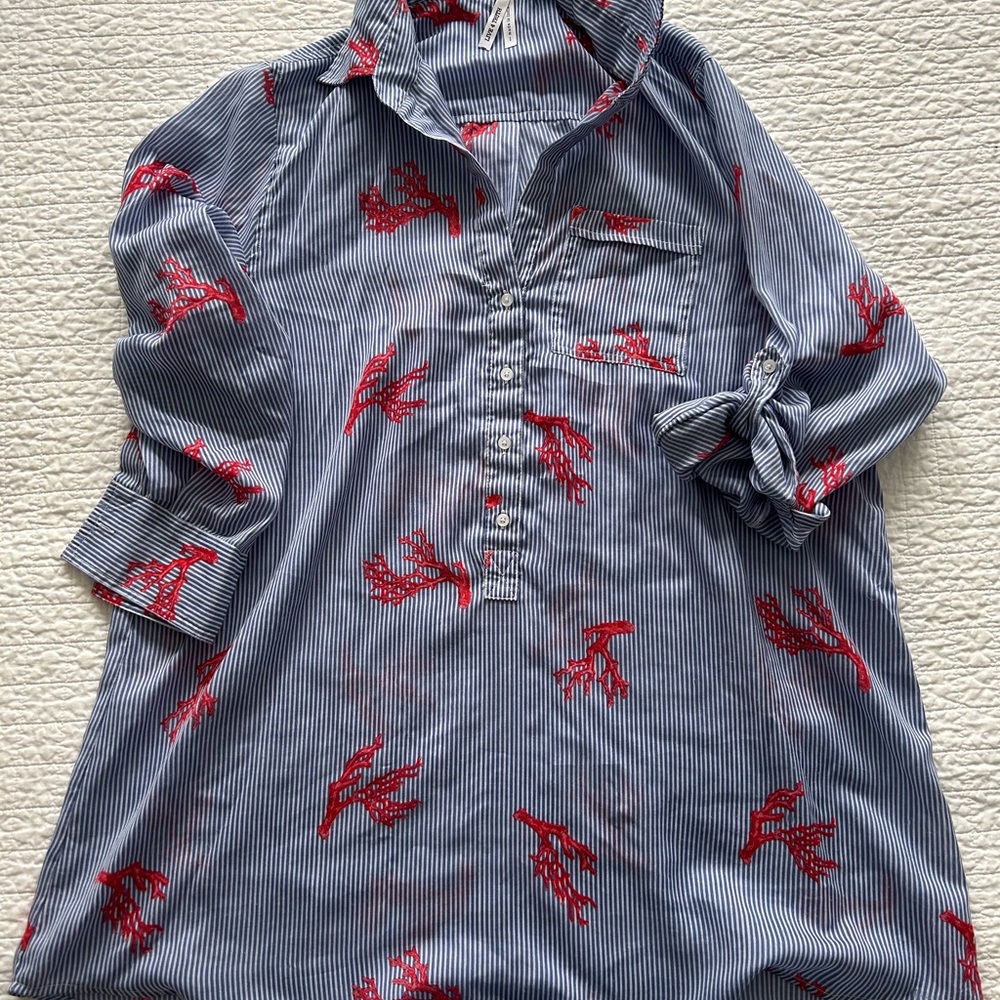 Navy Striped Shirt/Cover-Up Tunic with Red Coral Pattern